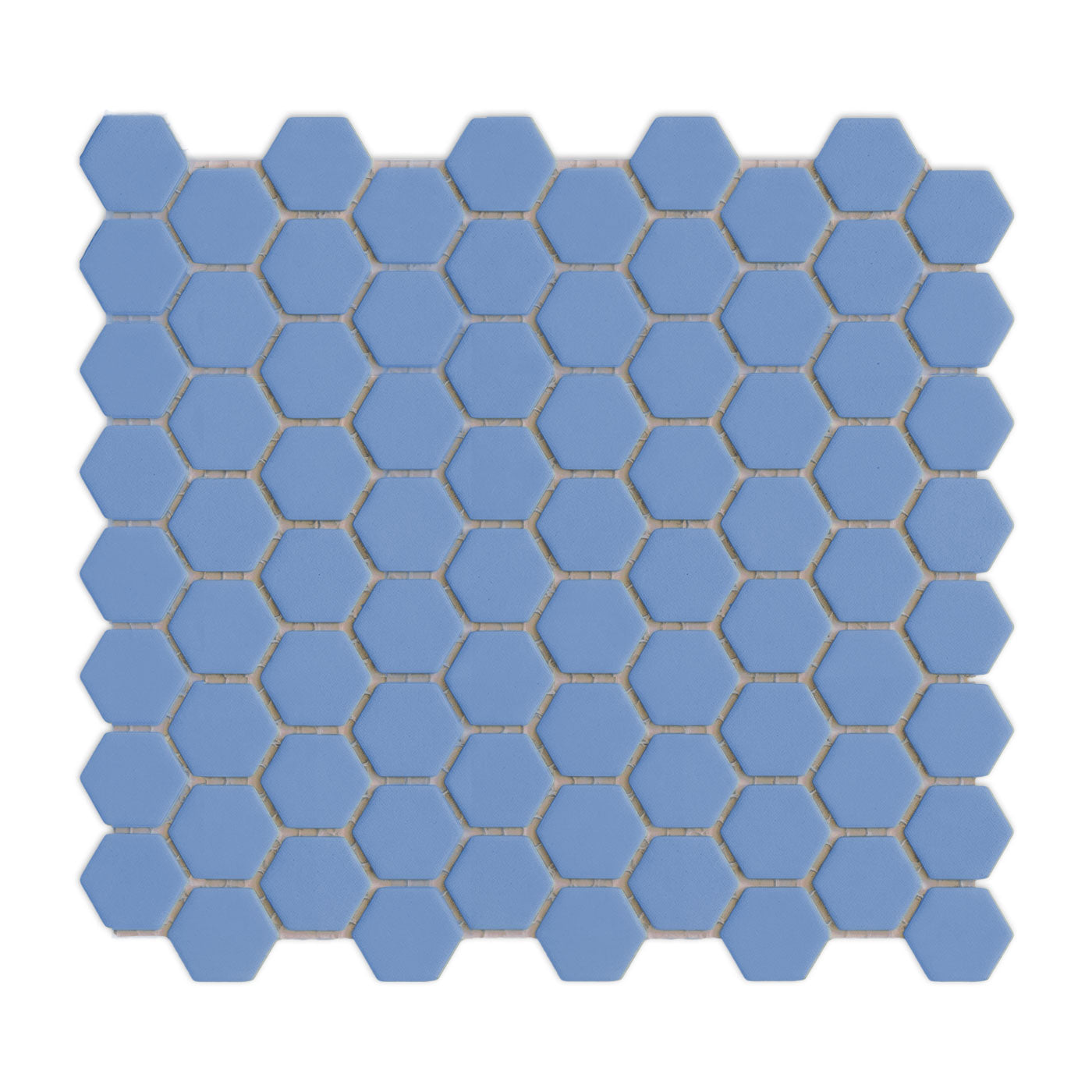 Denim blue hexagon clay tiles by Clay Imports, laid out in a meshed pattern with white grout.