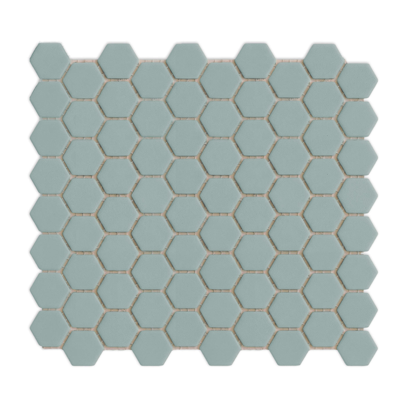 Light gray-green hexagonal clay tiles by Clay Imports, arranged in a geometric cluster with thin white grout lines, casting soft shadows.