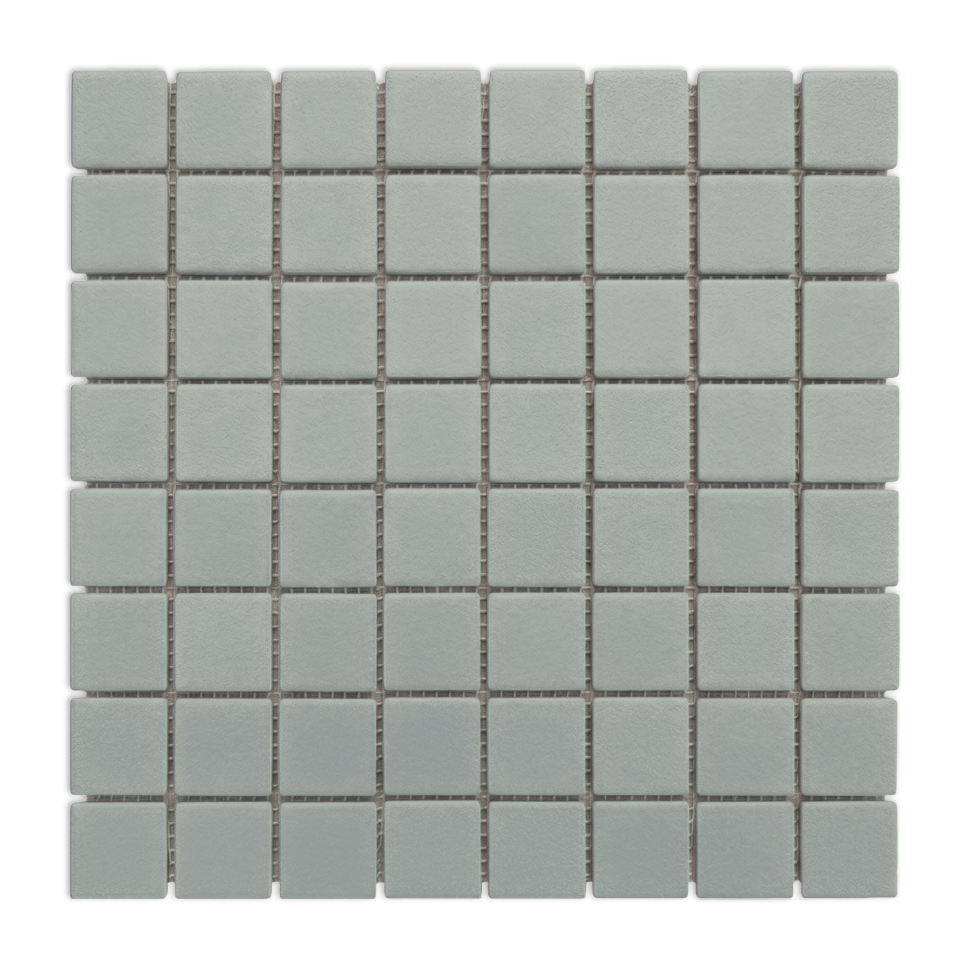 Agave green clay mosaic tiles from Clay Imports, arranged in a grid pattern with light grout.