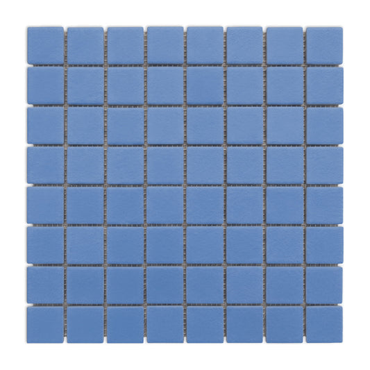 Denim Meshed 1x1 clay tiles by Clay Imports, arranged in a uniform grid with light grey grout.