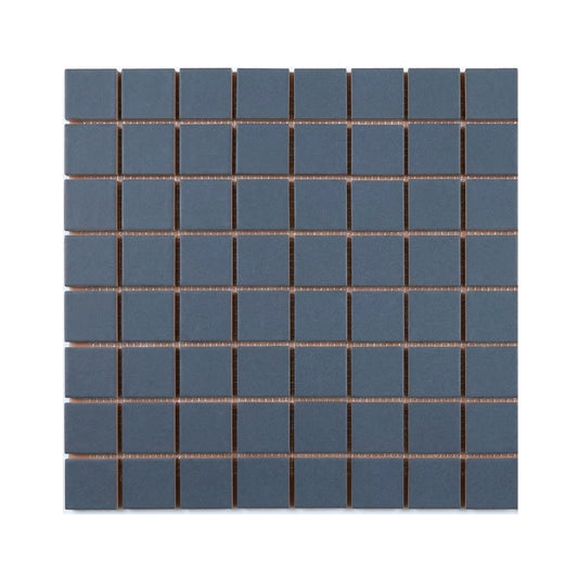 Midnight square meshed clay tiles by Clay Imports, showcasing dark blue-gray tiles on a light brown mesh backing.