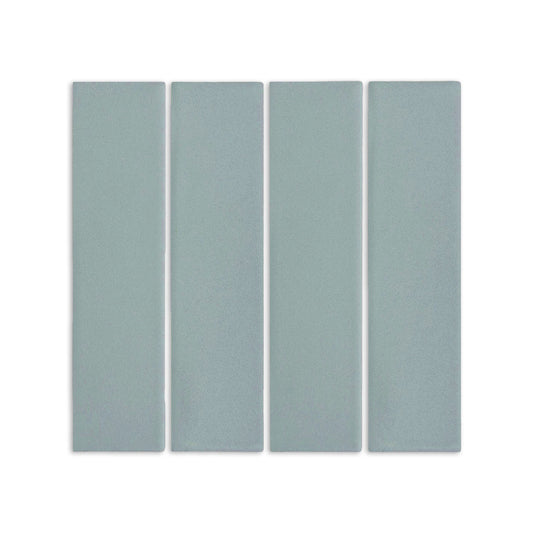 Four light blue-green rectangular clay tiles by Clay Imports, arranged vertically with thin white grout lines, featuring a matte, textured surface.