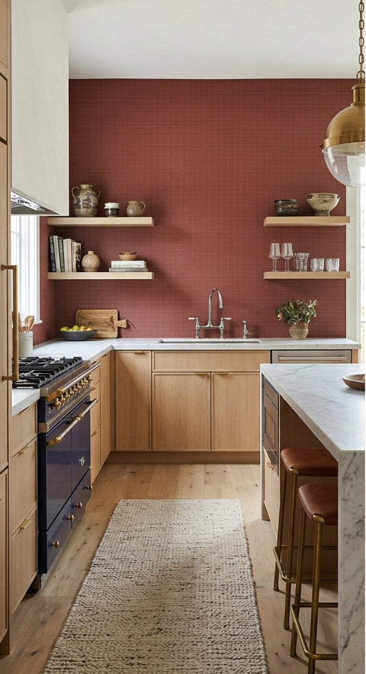 Austin Dusk meshed 1x1 clay tile by Clay Imports as a textured reddish-brown kitchen backsplash.