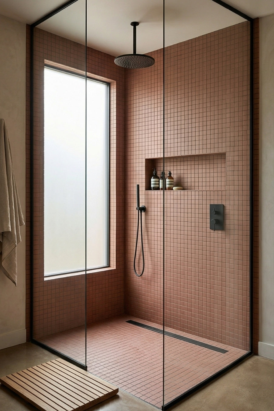 Pink square clay tiles by Clay Imports covering the walls and floor of a modern shower.