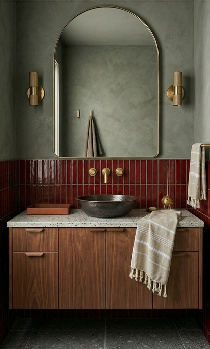 Oxblood red 1.5x6 matchstick tile by Clay Imports, installed vertically as a glossy bathroom backsplash.