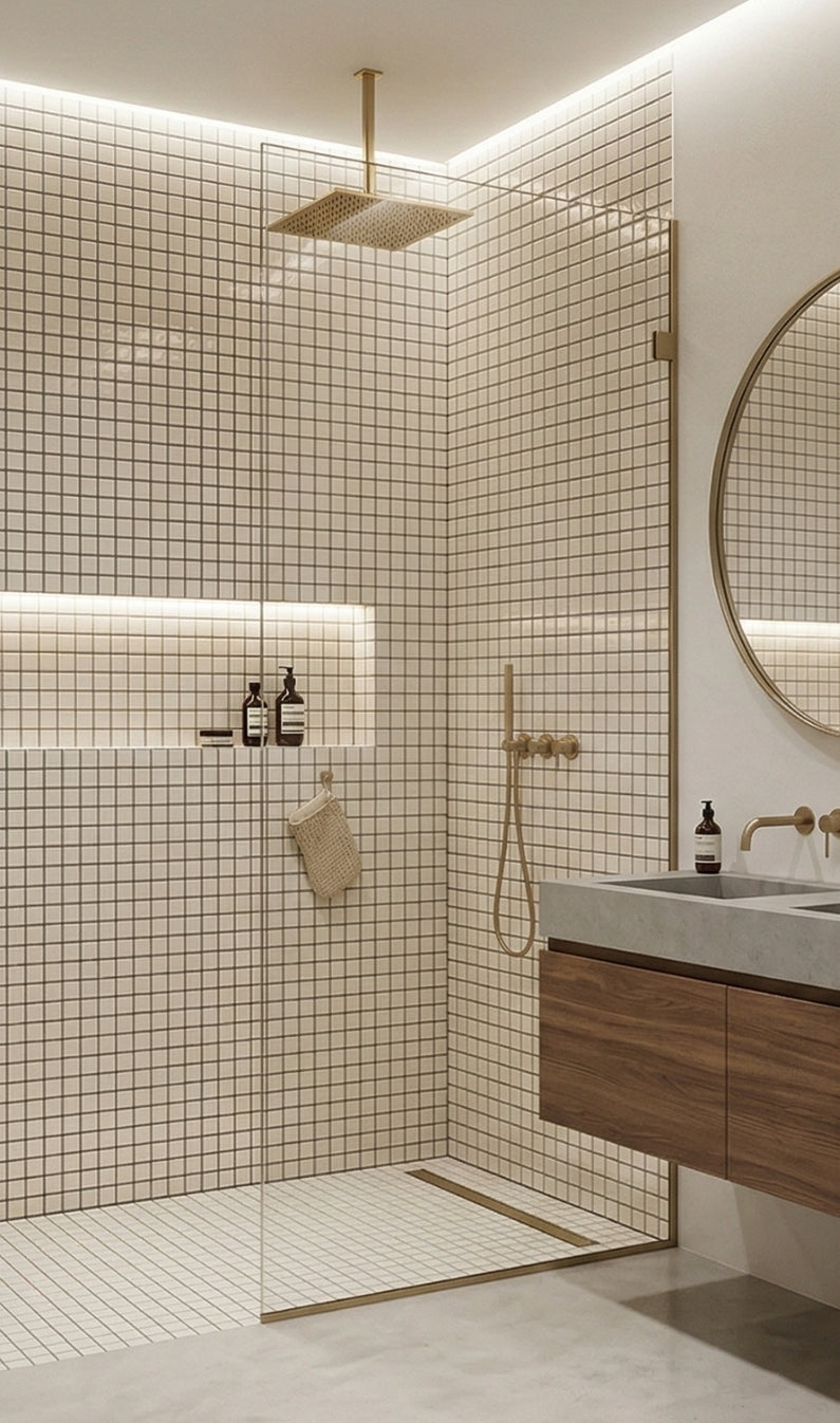 Light beige 1x1 meshed clay tiles by Clay Imports covering modern bathroom walls and shower floor with dark grout.