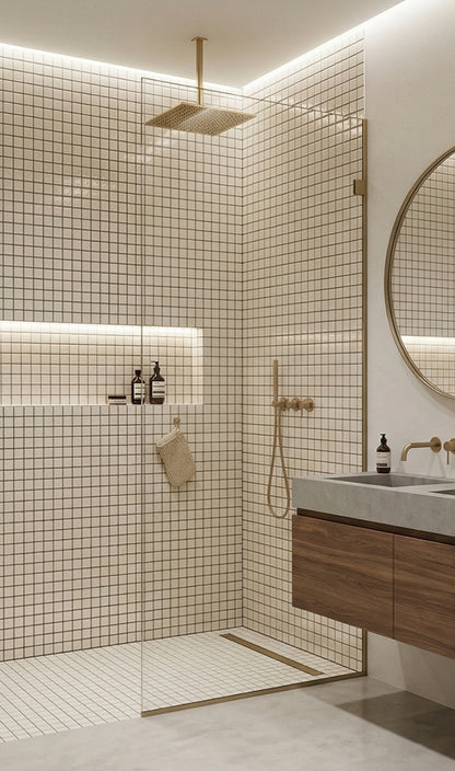Light beige 1x1 meshed clay tiles by Clay Imports covering modern bathroom walls and shower floor with dark grout.