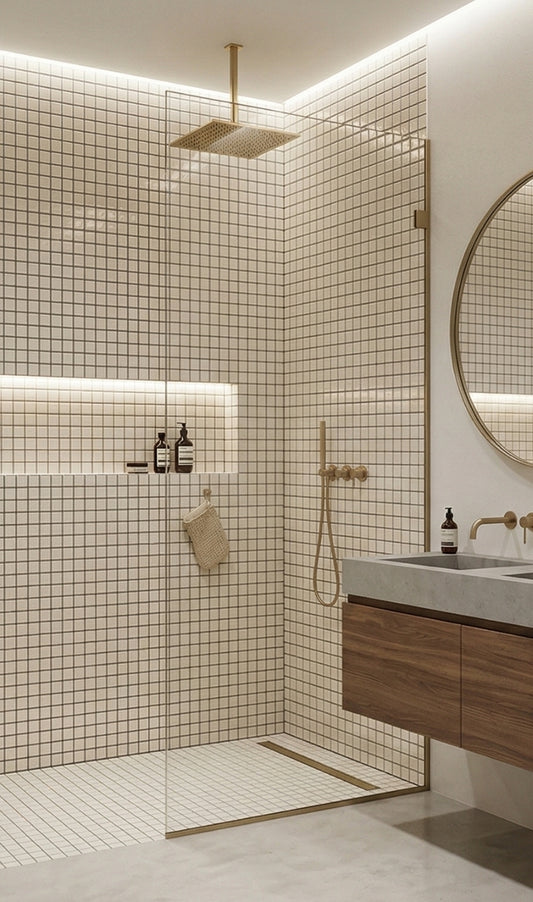 Light beige 1x1 meshed clay tiles by Clay Imports covering modern bathroom walls and shower floor with dark grout.