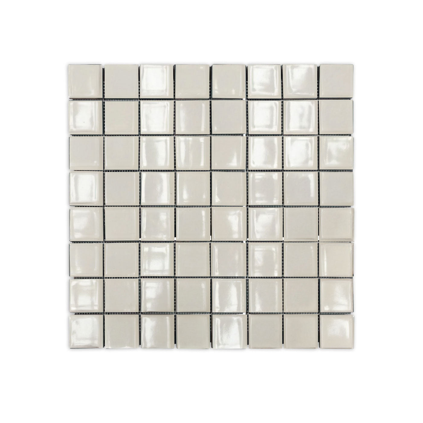 Light cream clay mosaic tiles by Clay Imports, showing glossy, square, handcrafted-style tiles on a mesh.