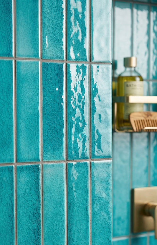 Matchstick turquoise crackle clay tiles by Clay Imports, featuring varying glossy textures and distressed white highlights.