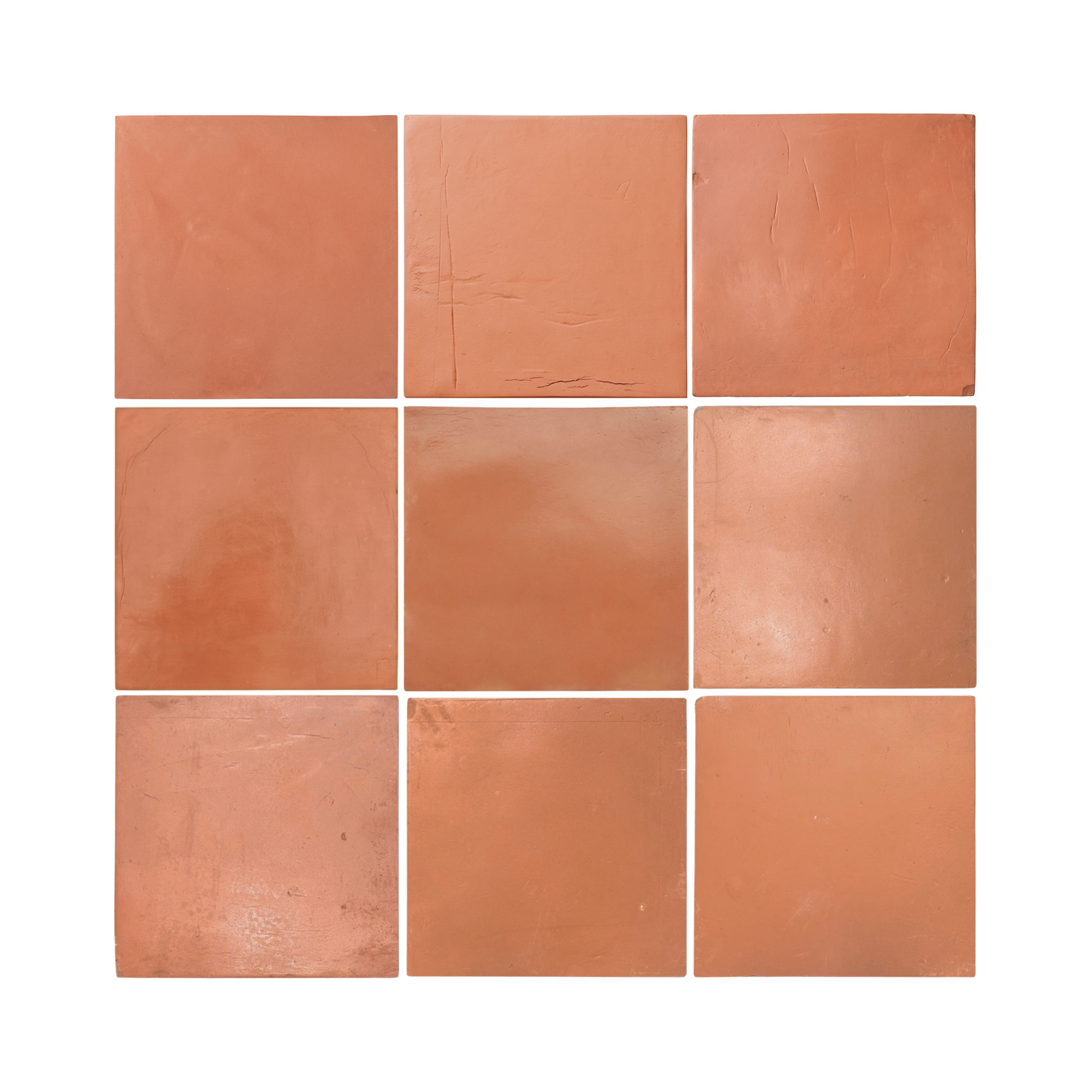 Nine pressed terracotta tiles by Clay Imports, reddish-brown with varied textures and minor surface imperfections.