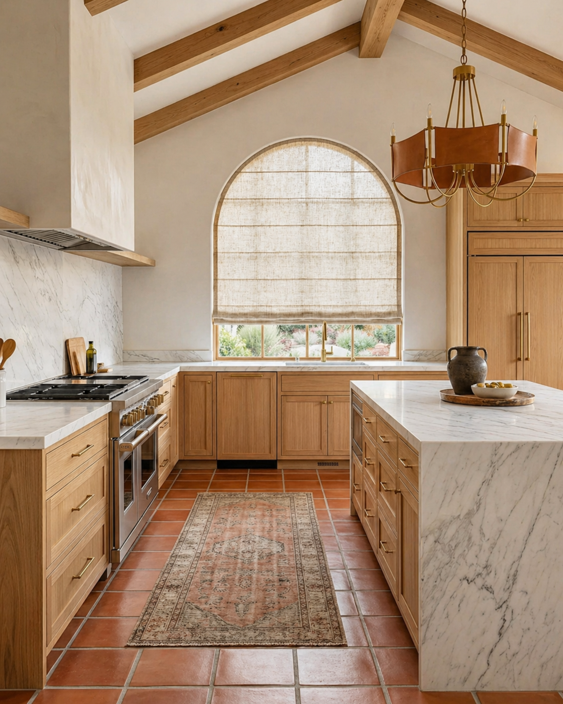Modern kitchen with wooden cabinets, marble island, and large window.
