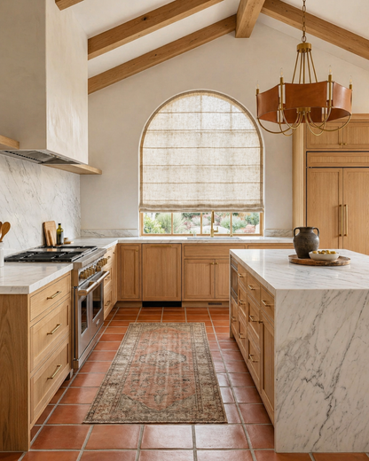 Modern kitchen with wooden cabinets, marble island, and large window.