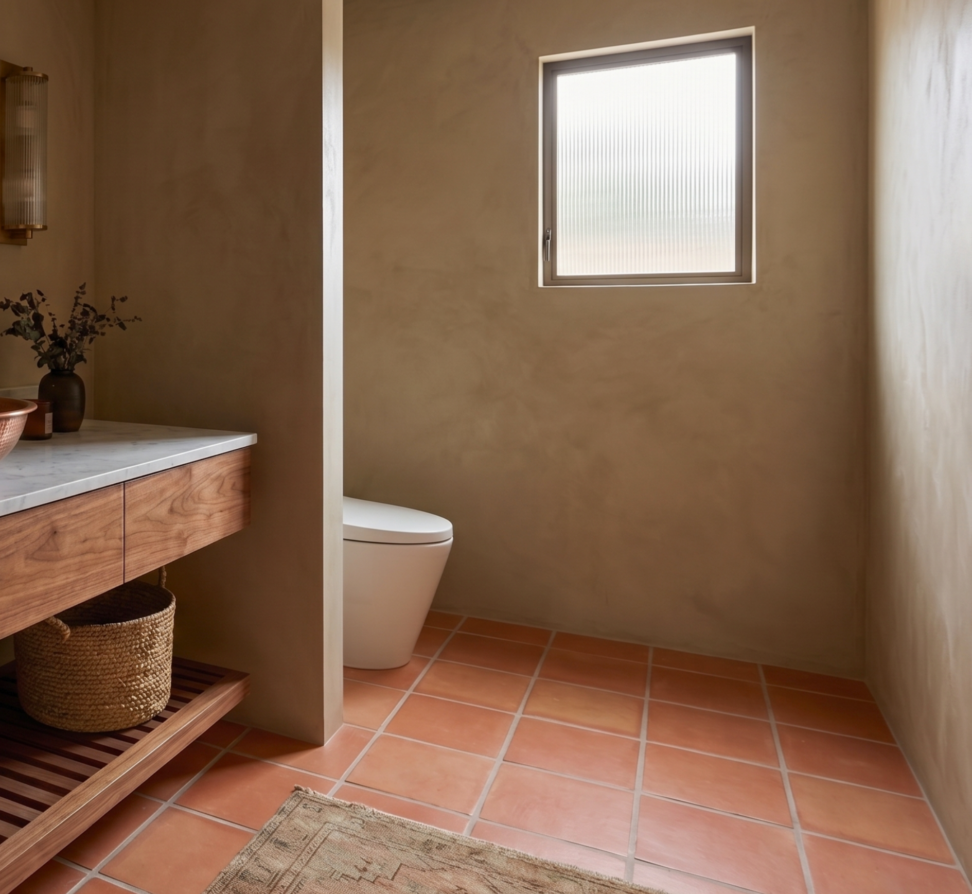 Red terracotta floor tiles by Clay Imports, showcased in a modern bathroom with warm beige walls.