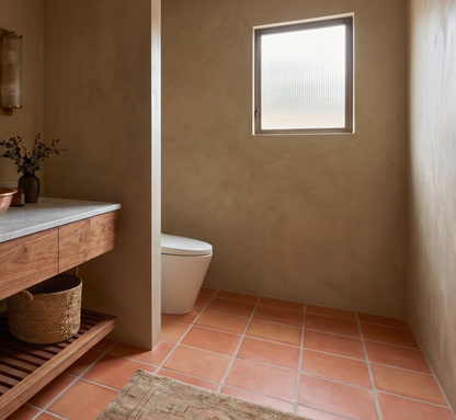 Red terracotta floor tiles by Clay Imports, showcased in a modern bathroom with warm beige walls.