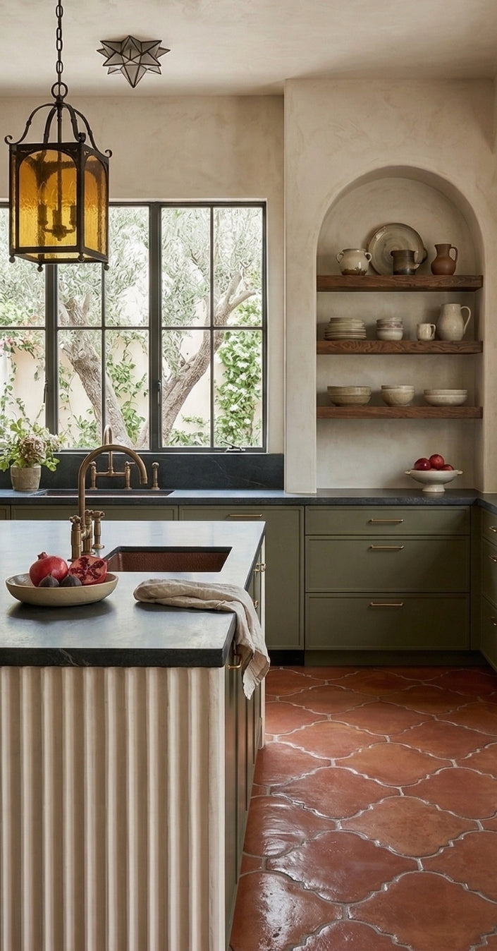 Glossy terracotta floor tiles by Clay Imports, laid in a rustic reddish-brown arabesque pattern on a kitchen floor.
