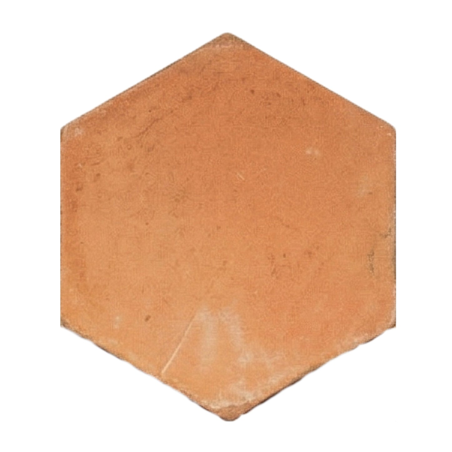 Organic terracotta hexagon tile sample by Clay Imports, displaying its natural orange-brown color and rustic texture.