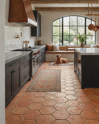 Modern kitchen with terracotta tiles, wooden beams, and a dog lying on the floor.
