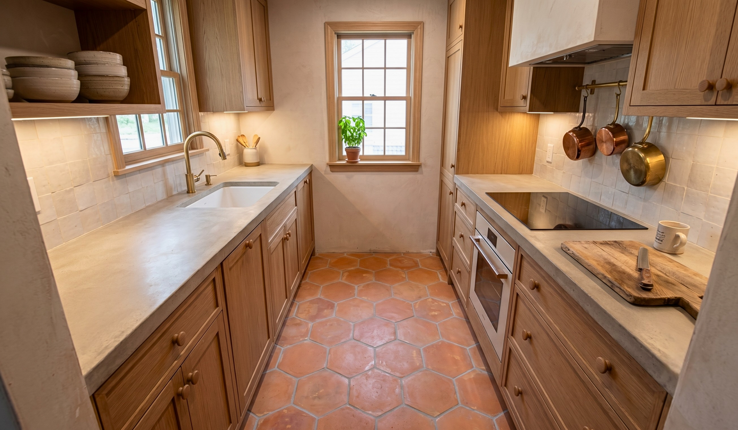 A narrow kitchen corridor with light wood cabinets, cream countertops, terracotta hexagonal floor tiles, a sink on the left, a stovetop and oven on the right, and a small window at the far end.