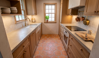 A narrow kitchen corridor with light wood cabinets, cream countertops, terracotta hexagonal floor tiles, a sink on the left, a stovetop and oven on the right, and a small window at the far end.