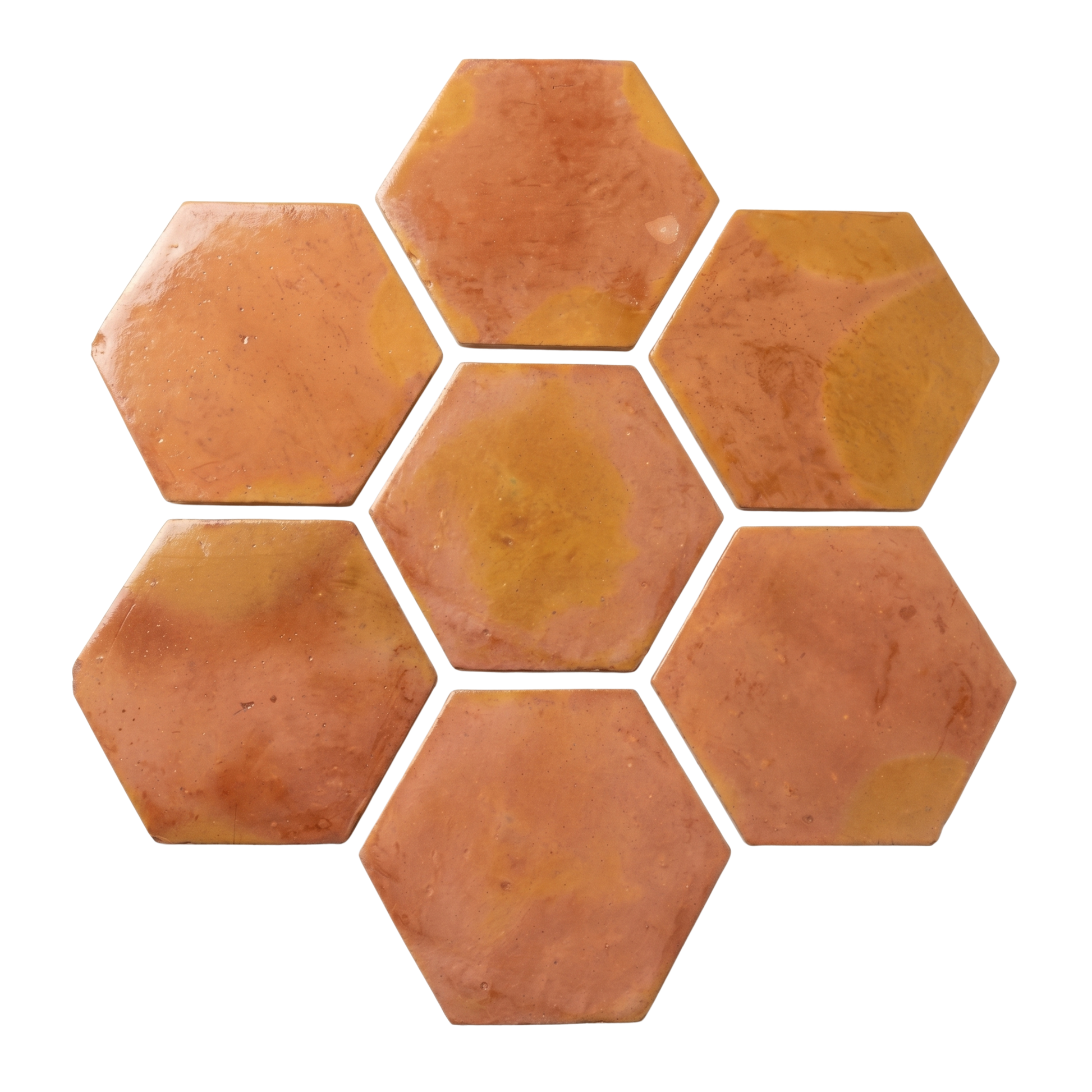 Terracotta hexagon tiles by Clay Imports, warm orange-brown, arranged in a seven-tile cluster.