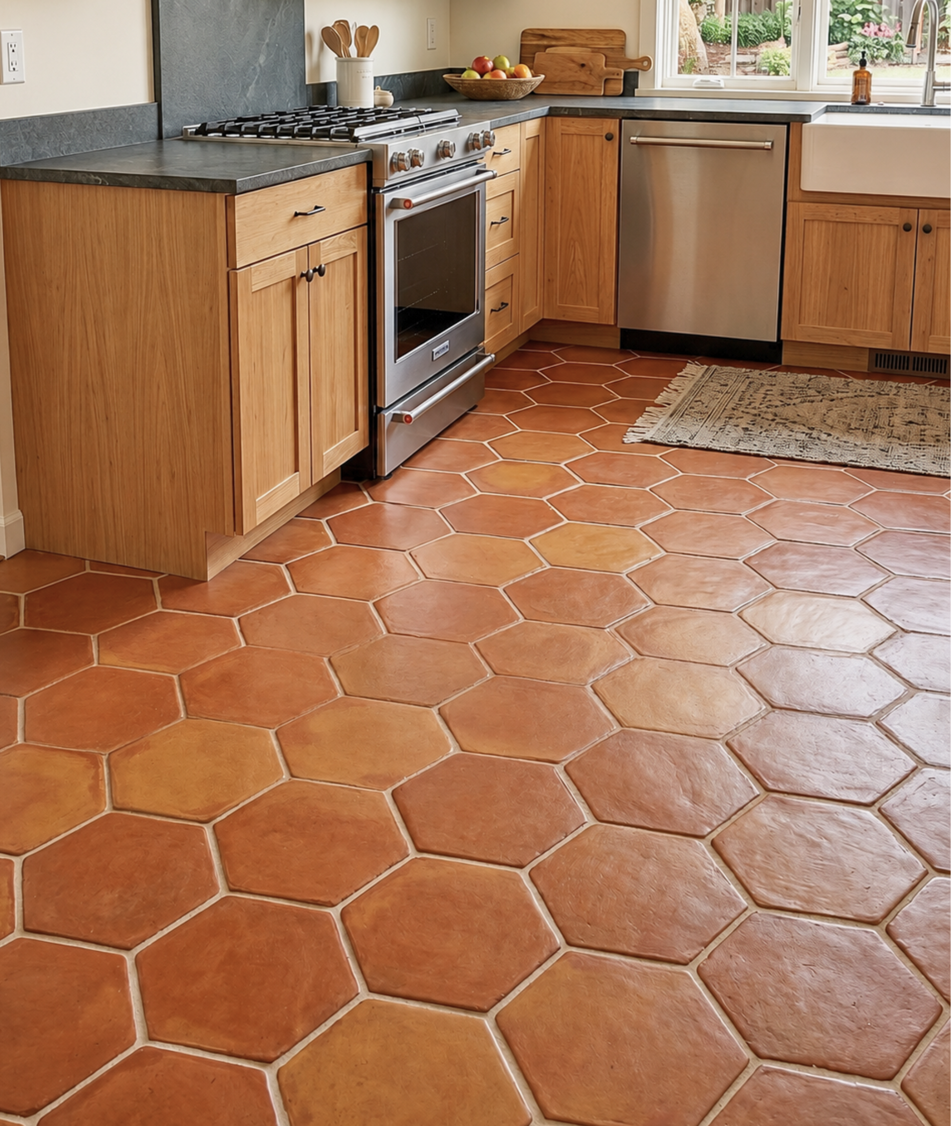 Hexagonal terracotta floor tiles installed in a modern kitchen with light wood cabinets, a stainless steel gas range, and a white farmhouse sink.