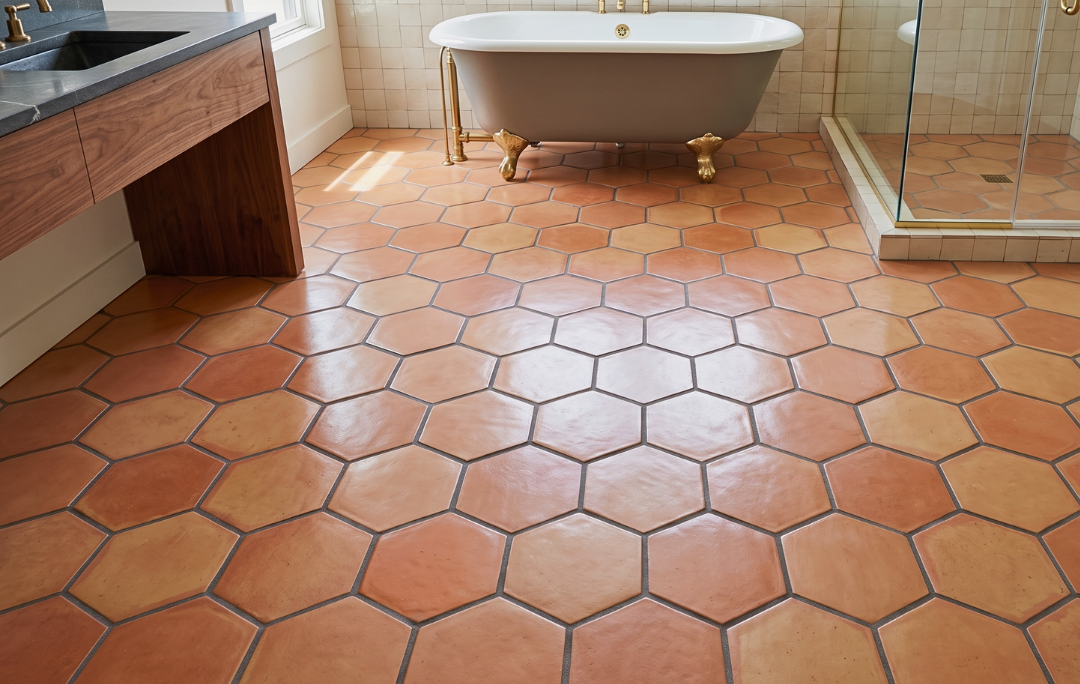 Hexagonal terracotta floor tiles installed in a bathroom, shown around a vintage clawfoot bathtub and a glass shower enclosure.
