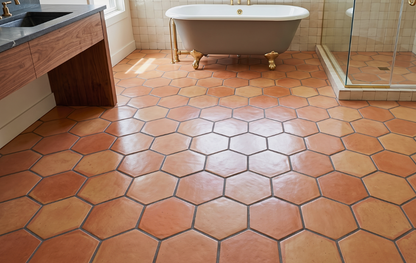 Hexagonal terracotta floor tiles installed in a bathroom, shown around a vintage clawfoot bathtub and a glass shower enclosure.