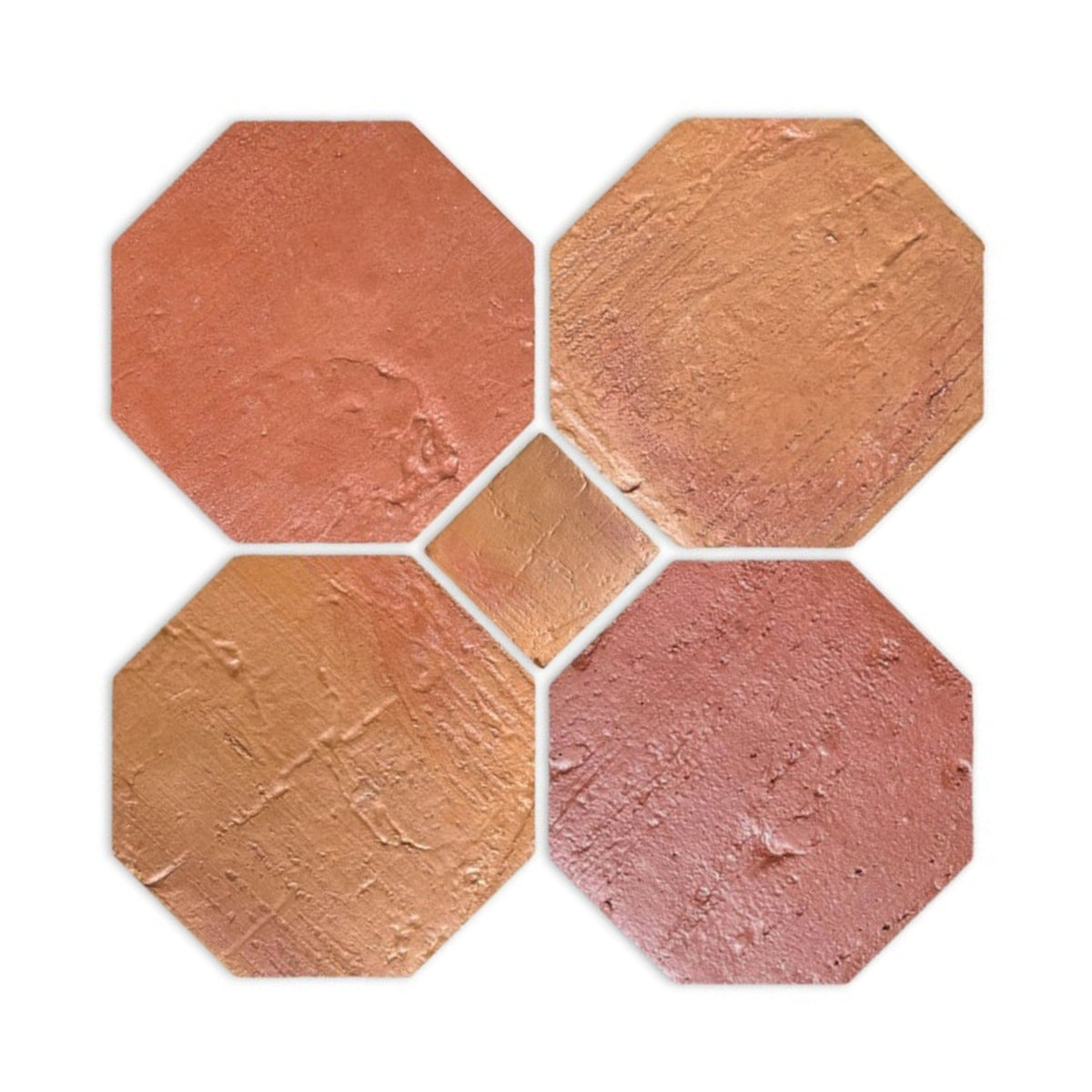 Terracotta tile pattern in varied orange and reddish-brown shades with octagonal and square shapes by Clay Imports, featuring an antique satin texture and white grout.