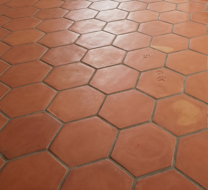 Hexagonal terracotta tiles on a floor with paw prints.