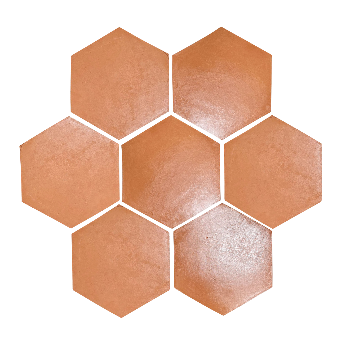 Red hexagon terracotta tiles by Clay Imports arranged in a cluster with a textured, matte finish.
