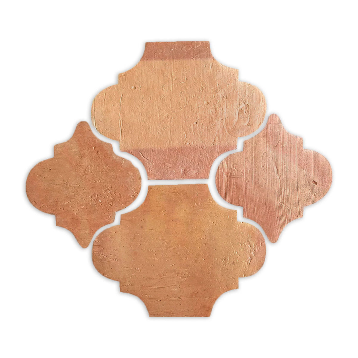 Riviera Antique Satin Terracotta by Clay Imports, four rustic arabesque tiles in warm, varied reddish-orange tones, arranged in a diamond shape.
