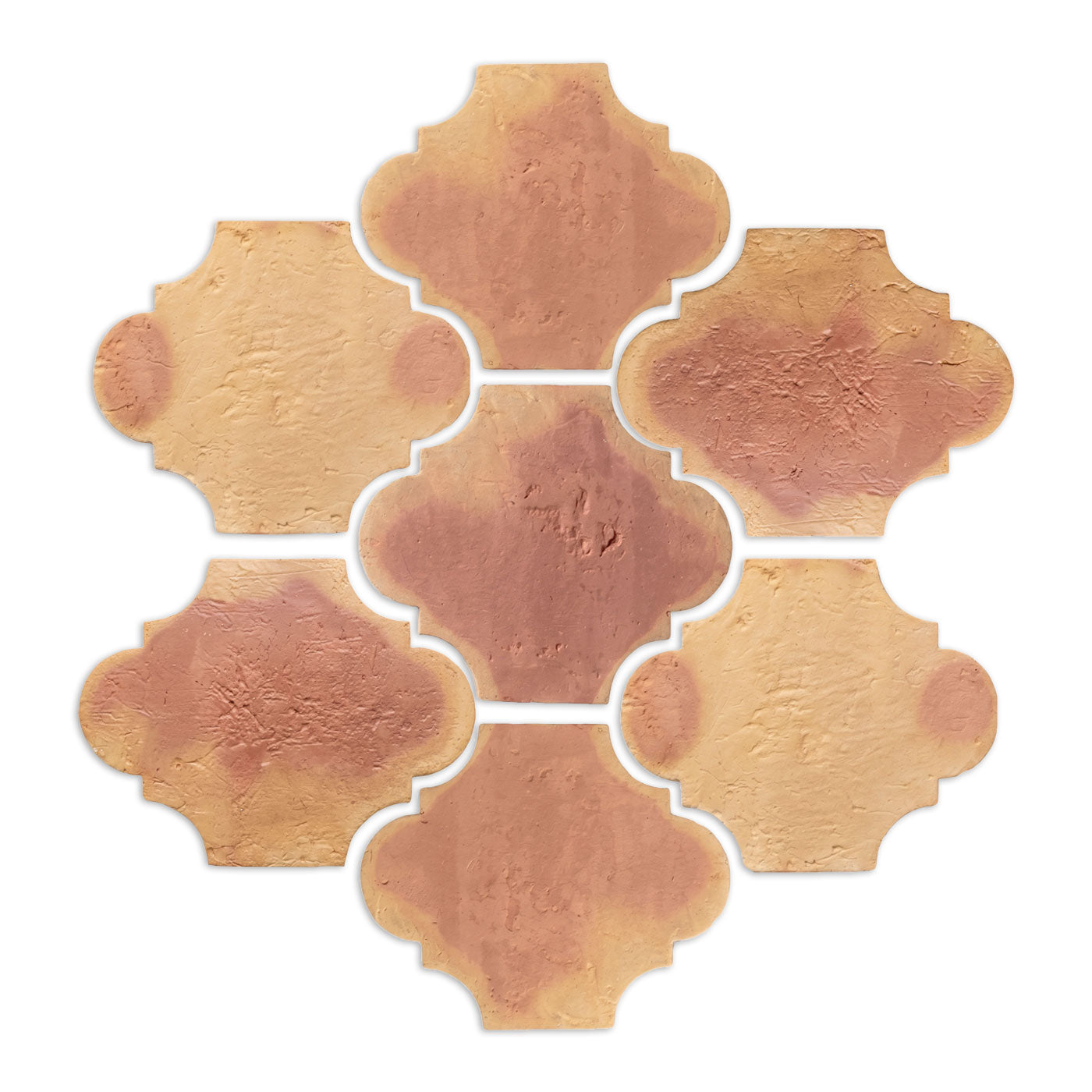 San Felipe Antique Satin 12 terracotta tiles by Clay Imports, showcasing varied reddish-brown and beige hues in a textured quatrefoil layout.