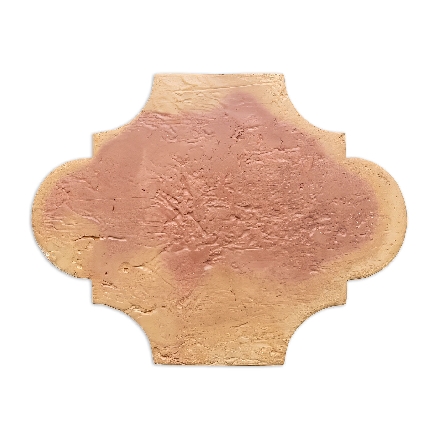 San Felipe Antique Satin terracotta tile by Clay Imports in a decorative quatrefoil shape with a textured reddish-pink and beige surface.