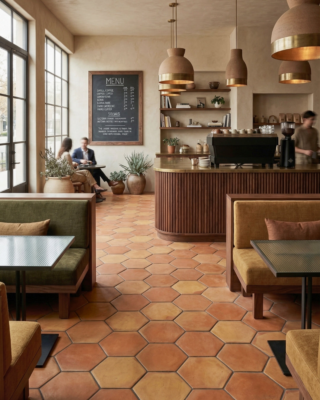 Rounded hexagon terracotta tile by Clay Imports in varying warm earthy tones covering a cafe floor.