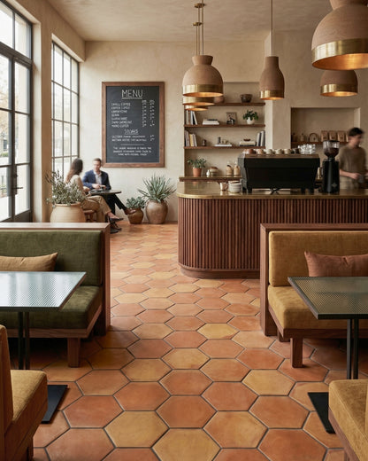 Rounded hexagon terracotta tile by Clay Imports in varying warm earthy tones covering a cafe floor.