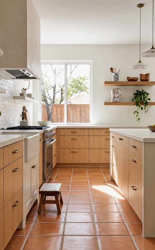 A bright, modern kitchen with light wood cabinets, terracotta tile floors, white countertops, and a large window with a small wooden stool in front.