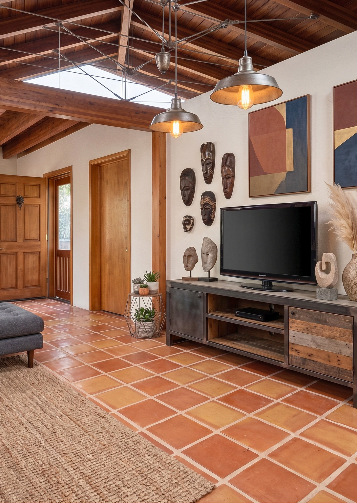 A rustic modern living room featuring terracotta tile floors, exposed wood ceiling beams, a dark wood TV stand, a black flat-screen TV, and multiple African-style masks and paintings on the wall.