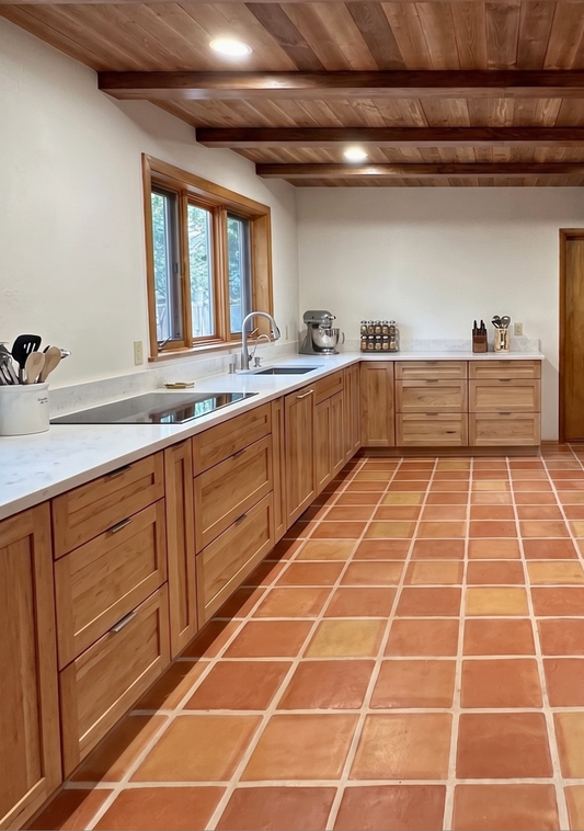 A modern kitchen interior with light oak wood cabinets, white marble countertops, a double sink, a wood-framed window, and terracotta tile flooring.