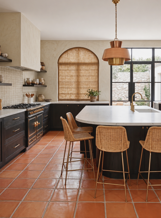 Rounded 12x12 terracotta tiles from Clay Imports, with a warm reddish-brown finish on a kitchen floor.