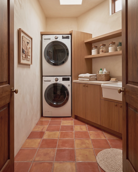 A stacked washer and dryer unit in a warm, rustic laundry room with terracotta tile floors, wooden cabinets, and open shelving.