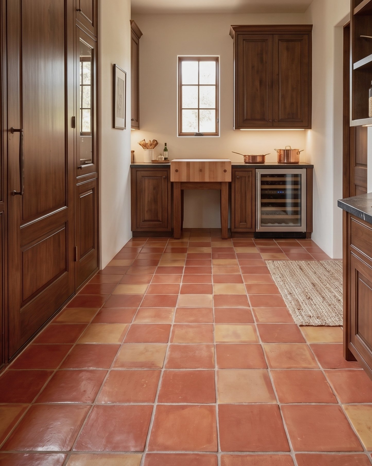 A rustic kitchen interior featuring terracotta tile floors, dark wood cabinetry, a small wooden table, and a built-in wine cooler under a window.