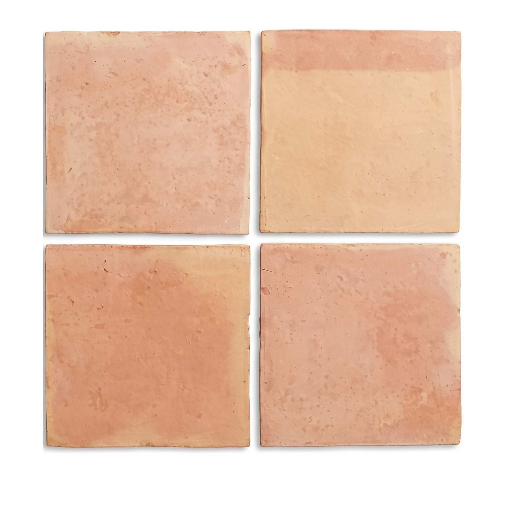 Four smooth matte terracotta tiles by Clay Imports, arranged in a grid, with natural reddish-brown tones and subtle surface imperfections.
