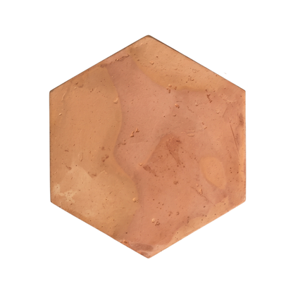 Terracotta straight hexagon sample tile by Clay Imports, with a rustic, uneven texture and subtle color variations.