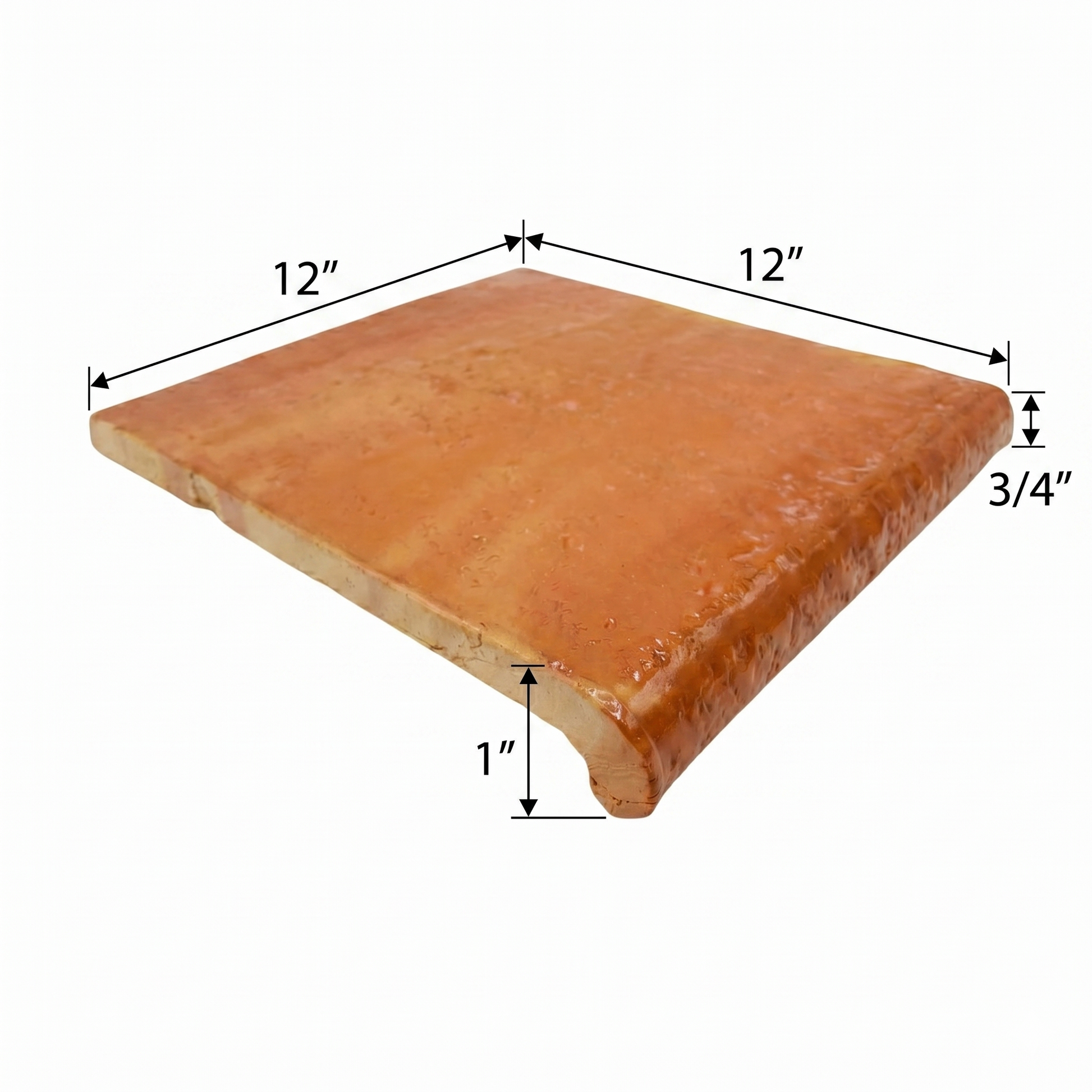 Antique gloss terracotta coping tile by Clay Imports, measuring 12x12 inches with a 1-inch rounded front edge.