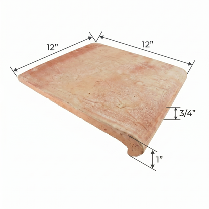 Antique Matte Terracotta Coping Tile by Clay Imports, measuring 12x12 inches, with a 1-inch rounded edge and 3/4-inch thickness.