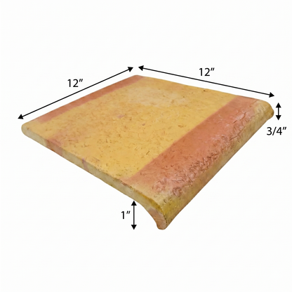 Natural terracotta 12x12 inch coping tile with a 3/4-inch rounded edge by Clay Imports, showing a 1-inch thickness, blended yellowish-orange color, and distressed texture.