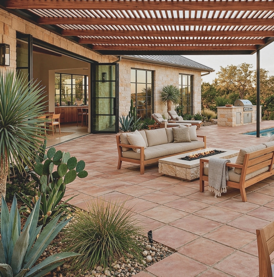 Square terracotta paver by Clay Imports Pavers, reddish-brown, forming a patio under a pergola with outdoor furniture.