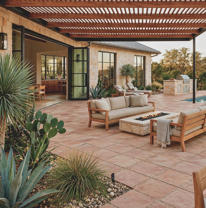 Square terracotta paver by Clay Imports Pavers, reddish-brown, forming a patio under a pergola with outdoor furniture.