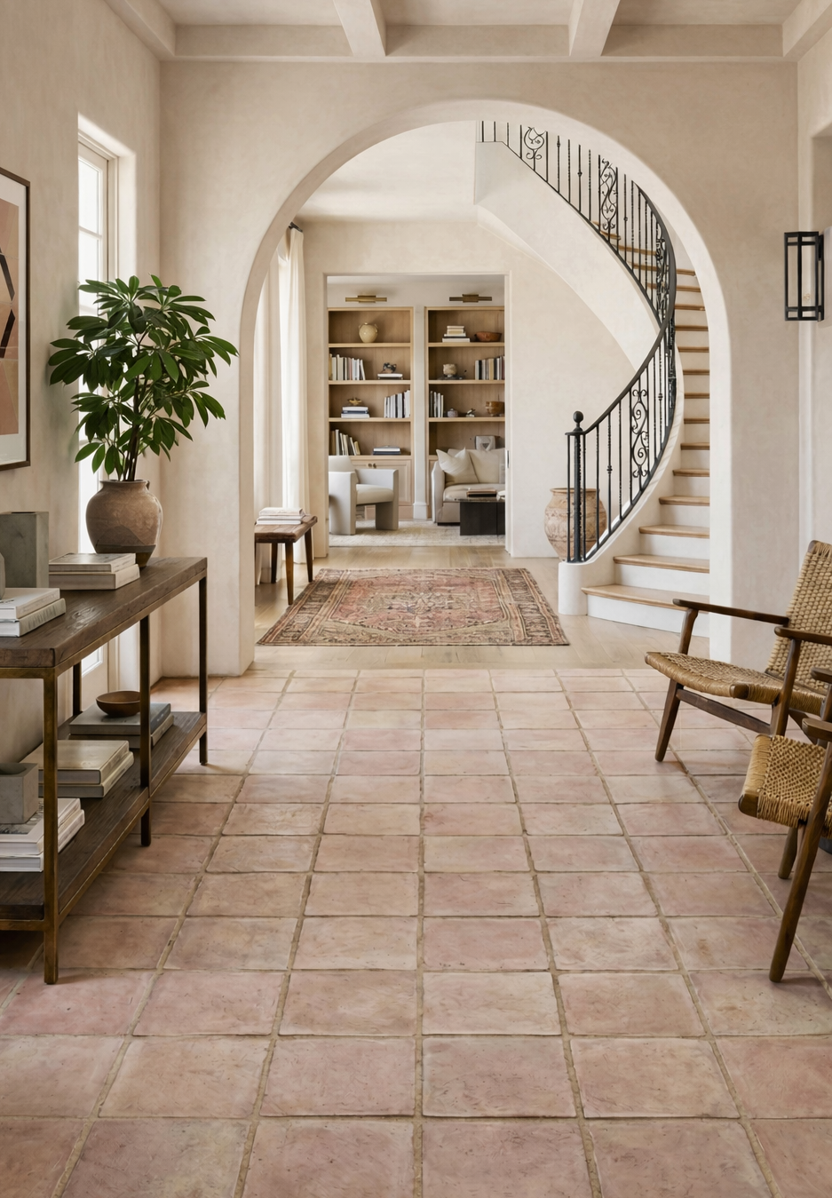 Square terracotta paver by Clay Imports Pavers with rustic texture, covering a floor in a spacious entryway.